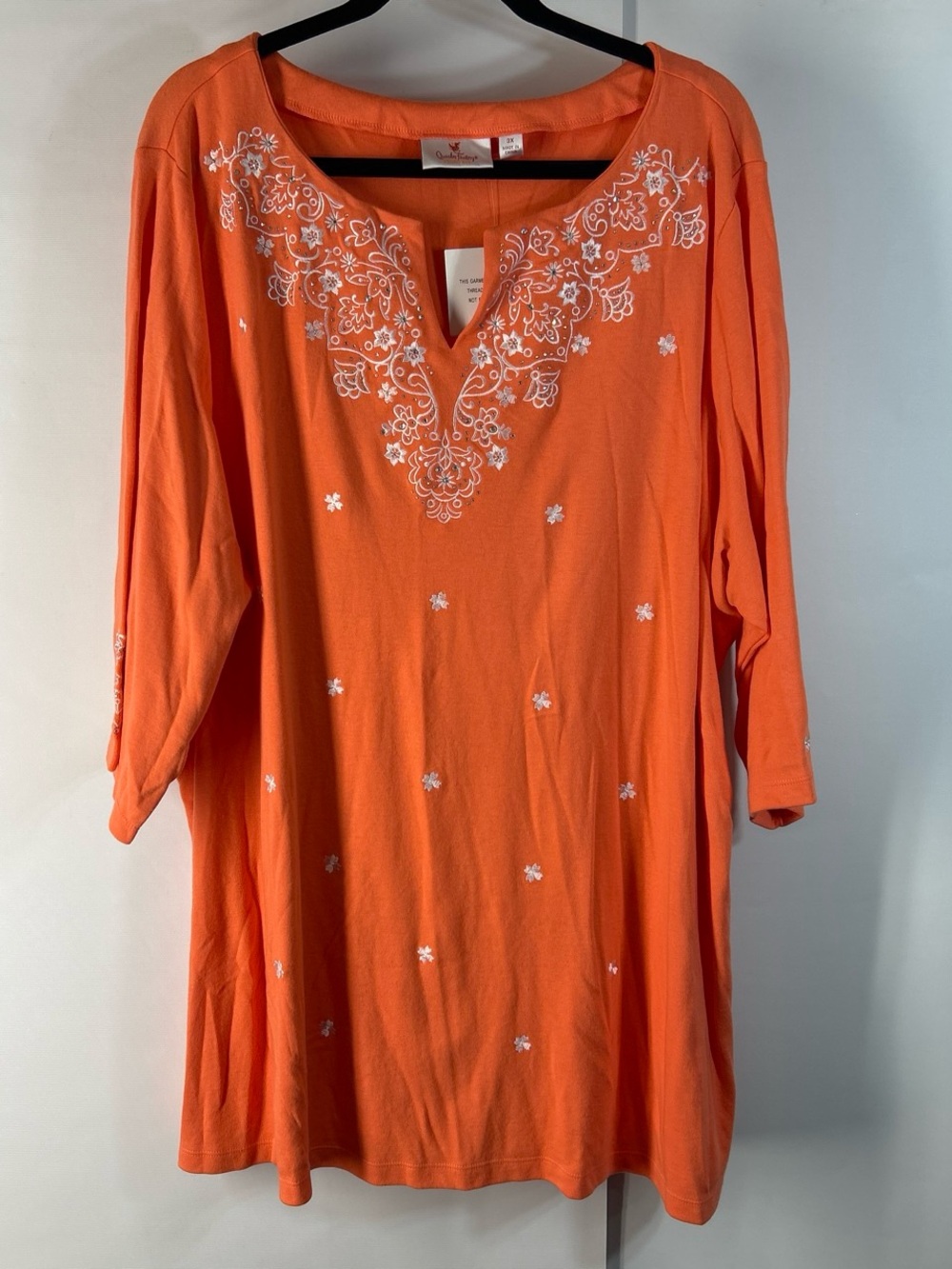 Quacker Factory Orange Tunic with White Floral Embroidery